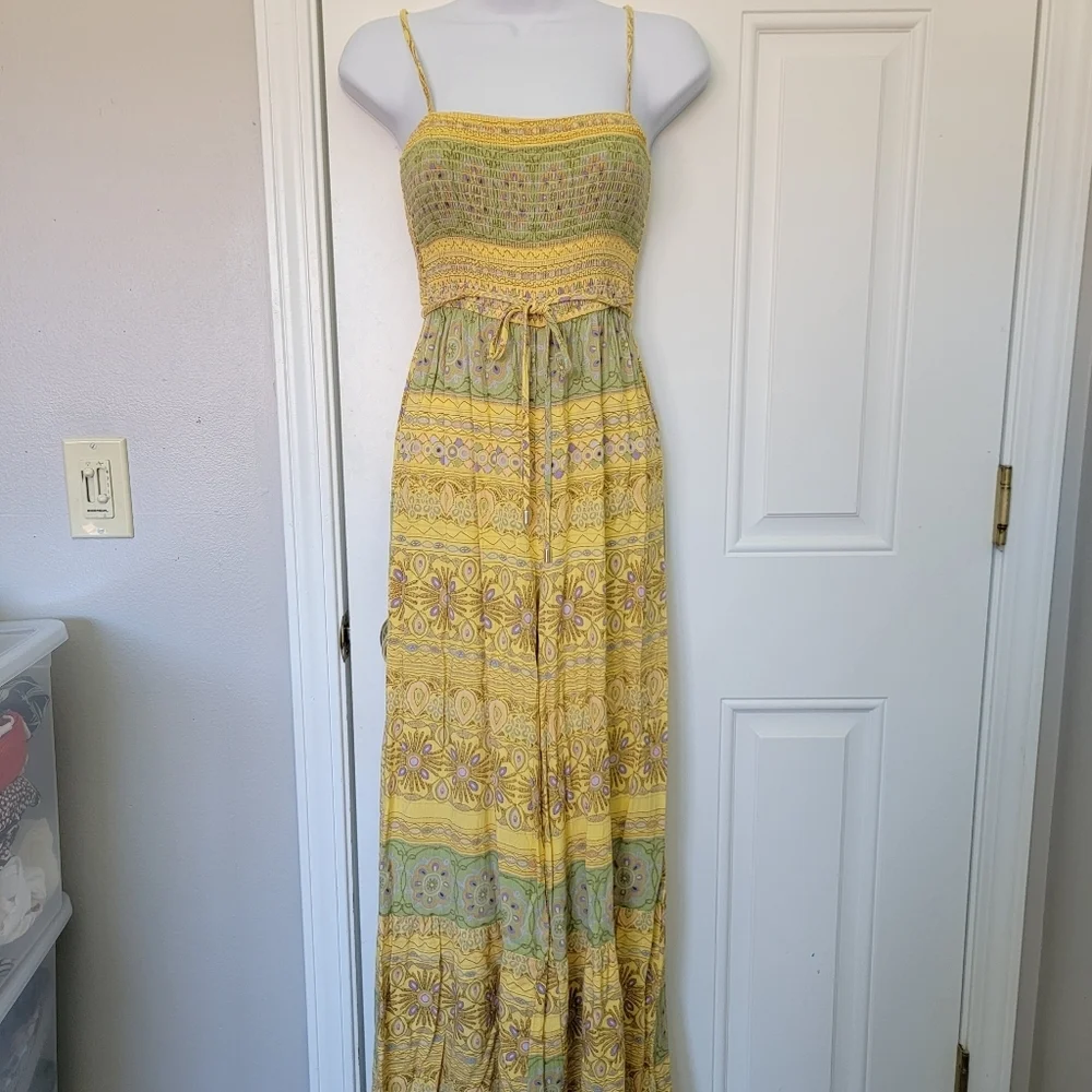 Forever 21 Yellow Green Printed Wide Leg Sleeveless Ruched Top Jumpsuit Size S